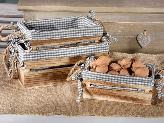 Set of 3 wooden boxes covered in fabric with rope handles