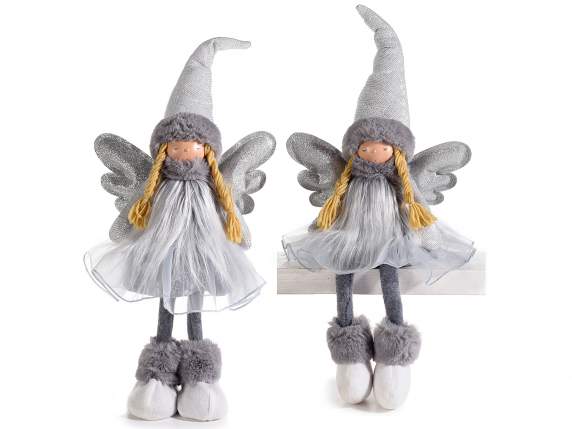 Fabric angel with tulle-eco-fur dress and silver wings
