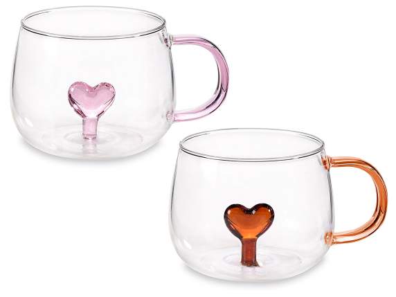 Glass mug with 3D internal heart and colored handle