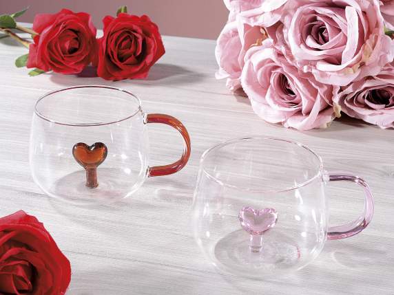 Glass mug with 3D internal heart and colored handle