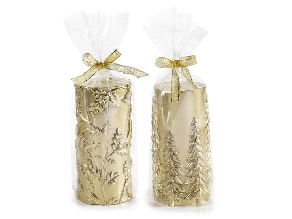 Large golden candle w - embossed decorations in pack. single