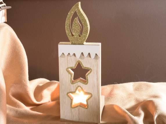 Tealight candle holder in carved wood with gold glitter