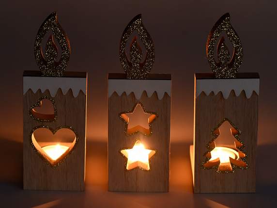 Tealight candle holder in carved wood with gold glitter