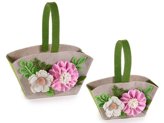 Set of 2 bags in colored cloth with flower decorations