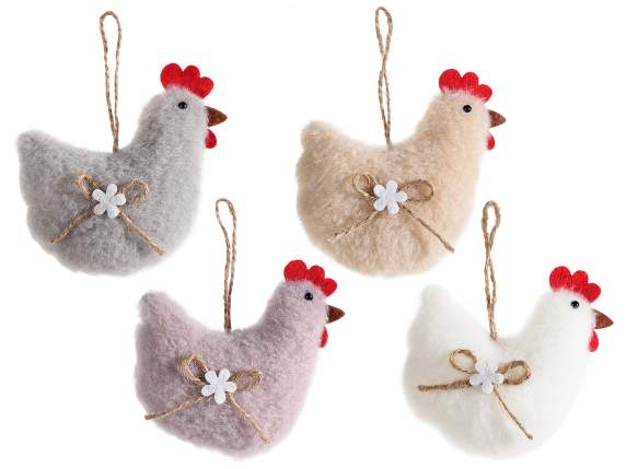 Hen in soft eco-fur with flower and bow to hang