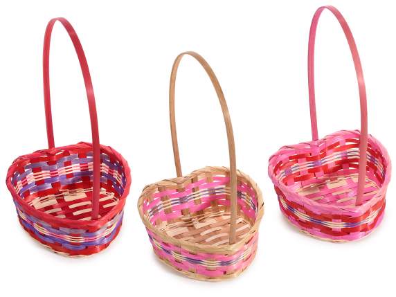 Heart-shaped basket with colored bamboo handle