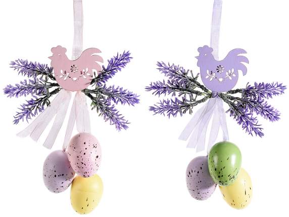 Wooden hen with eggs, ribbons and lavender to hang