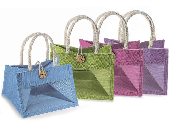 Jute bag with window, rope handles and button closure