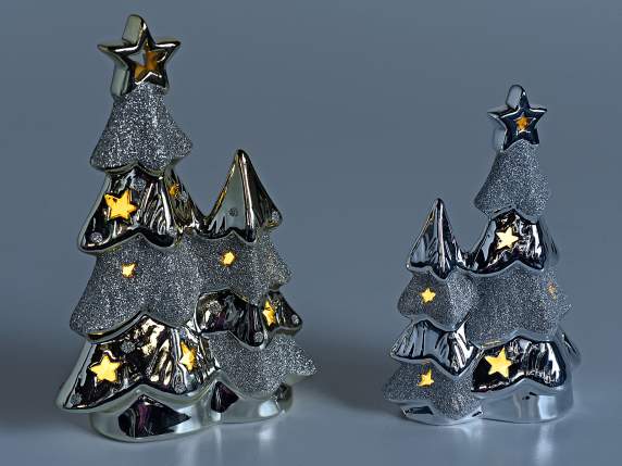 Set of 2 glitter porcelain Christmas trees with LED lights