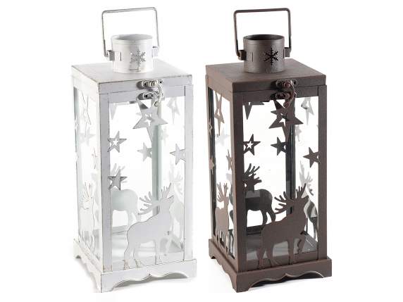 Metal lantern with square base with stars and reindeer