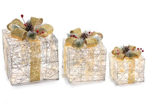 Set of 3 metal gift packages with warm white led lights