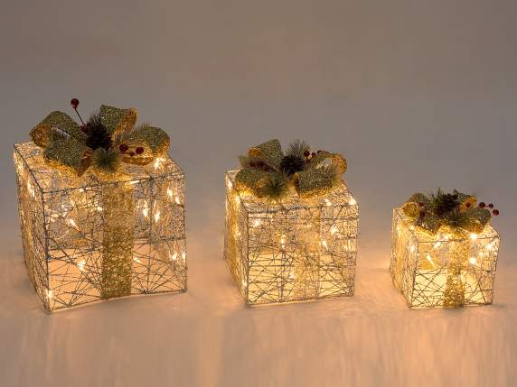 Set of 3 metal gift packages with warm white led lights