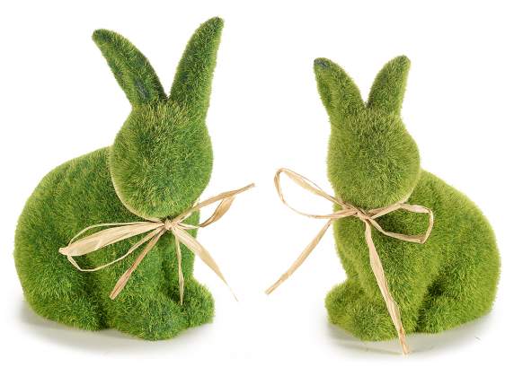 Set of 2 rabbits in ceramic coated with grass effect