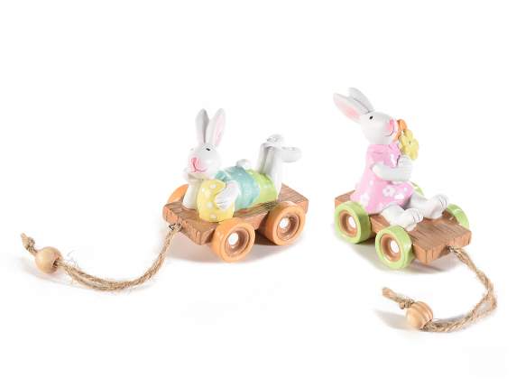 Resin bunny on cart with lanyard to hang