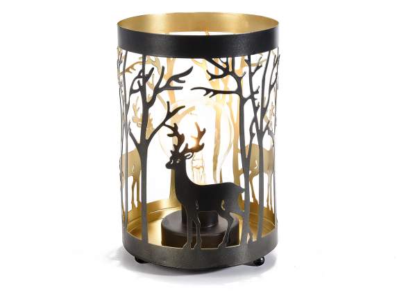 Metal lamp with landscape and reindeer and golden interior