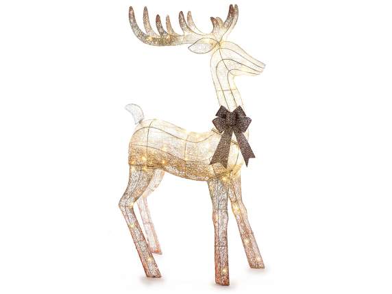 Metal reindeer with glitter, bow and warm white LED lights