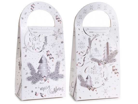 Paper bag with handle and Silver Christmas print