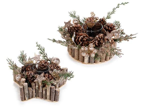 Wooden centerpiece with candle holder, pine cones and decora