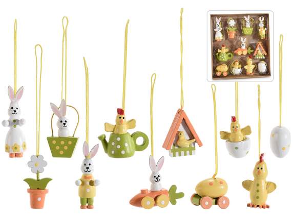 Box with 11 wooden Easter decorations to hang
