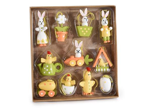 Box with 11 wooden Easter decorations to hang