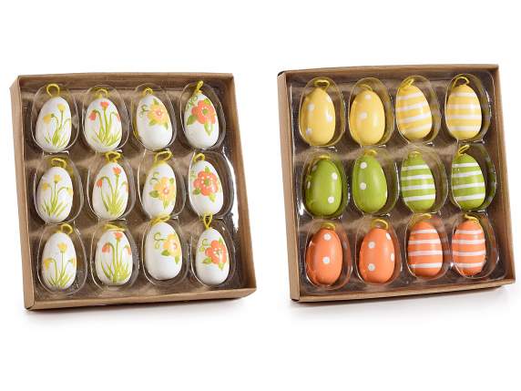 Display of 12 colored wooden eggs to hang