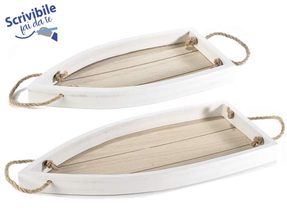 Set of 2 wooden trays in the shape of a boat with rope handl