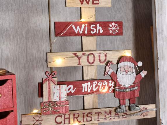 Wooden Christmas tree with writings, decorations and LED lig