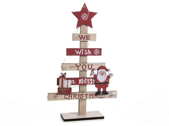 Wooden Christmas tree with writings, decorations and LED lig