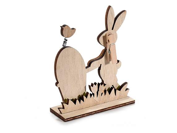 Colored wooden rabbit with Happy Easter cart and clip