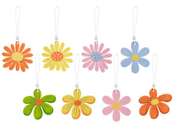 I display 24 wooden flowers with beads and strings to hang