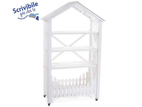 White wooden shelf with wheels with 3 shelves and 1 compartm