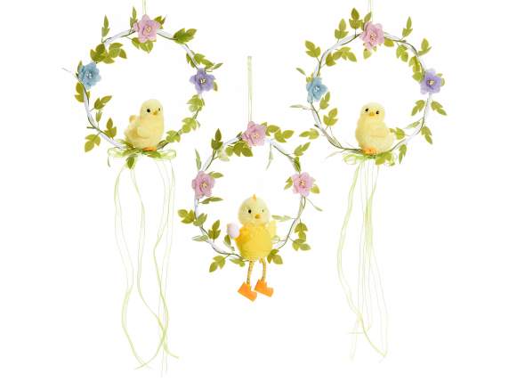 Wreath with chick, flowers and ribbon to hang