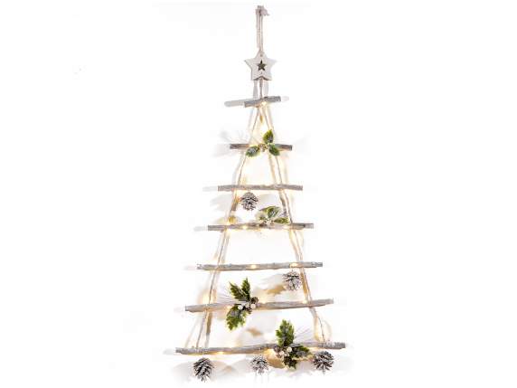 Wooden Christmas tree with snowy decorations and LED lights