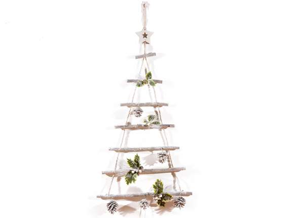 Wooden Christmas tree with snowy decorations and LED lights