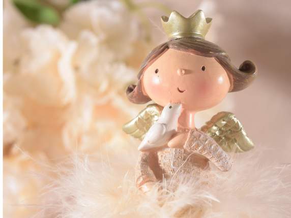 Resin angel with feather skirt and golden crown