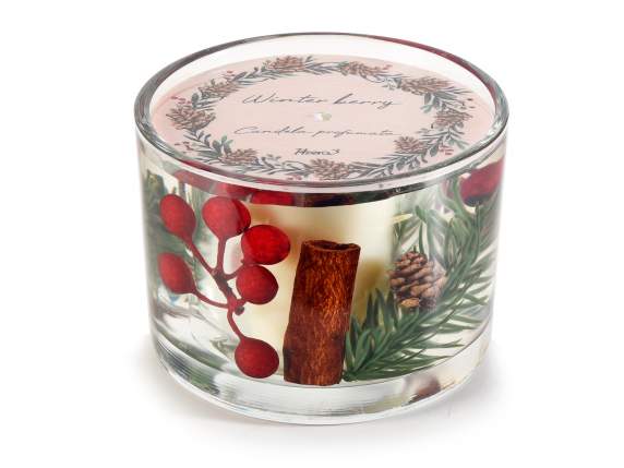 Scented gel candle in a glass jar with decorations