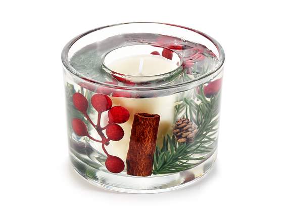 Scented gel candle in a glass jar with decorations