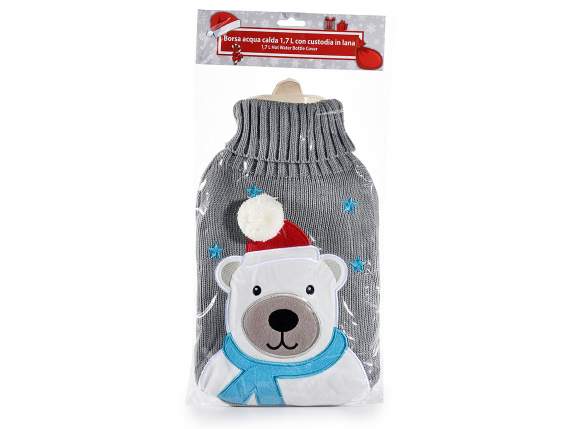 Hot water bag with knitted cover and xmas decorations