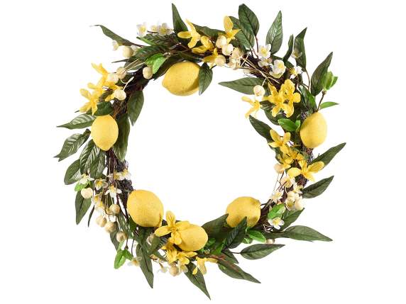 Artificial lemon branch wreath with flowers and berries