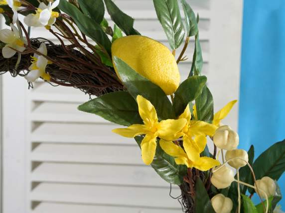 Artificial lemon branch wreath with flowers and berries