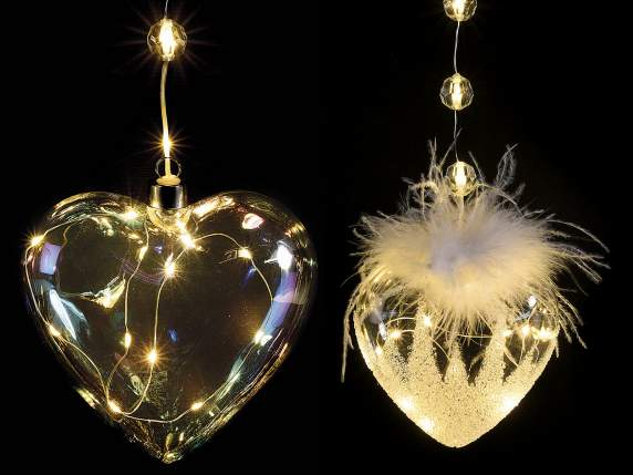 Set of 4 decorated glass hearts with LED lights and feathers