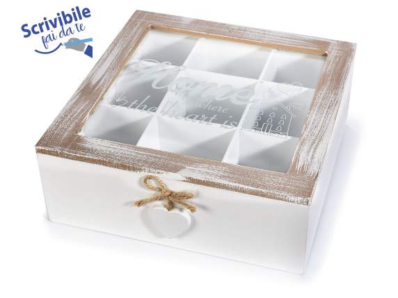Tea - spice box in wood and glass 9 compartments with heart