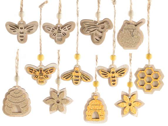 Display 72 wooden glittered bee-honey decorations to hang