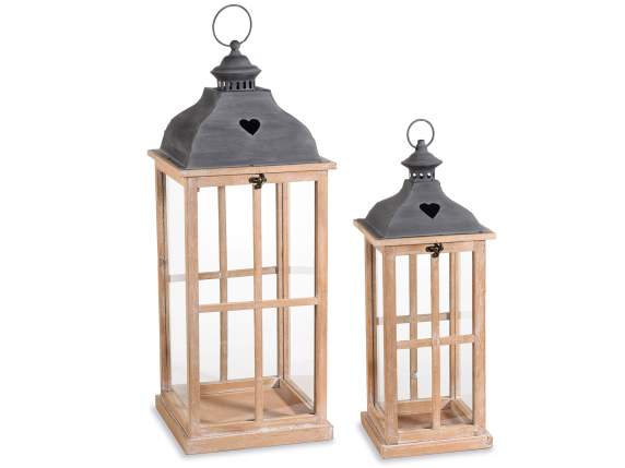 Set of 2 wooden lanterns with black metal roof and heart car