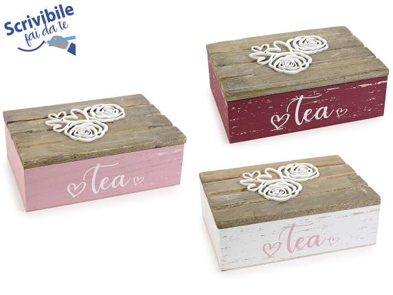 Wooden tea box with Roses - Hearts embossed decoration 6 c