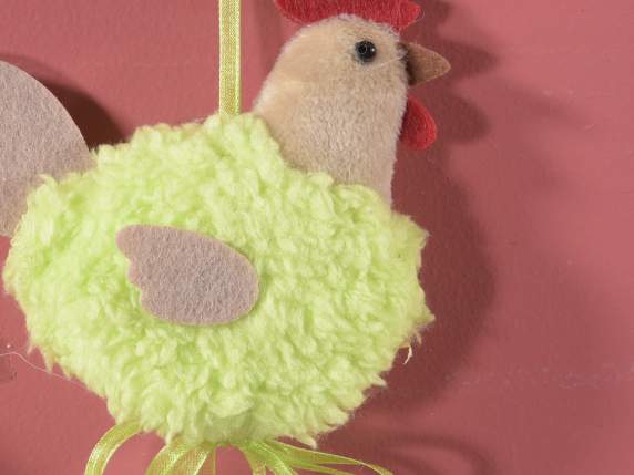 Hen in soft fur and hanging ribbons to hang