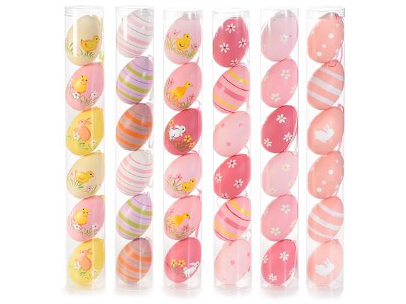 Tube of 6 maxi hand-painted plastic eggs to hang