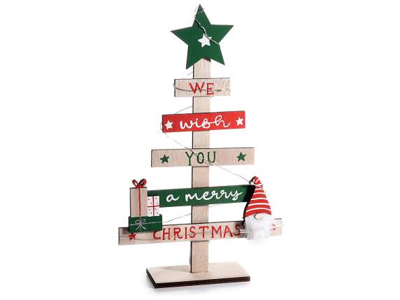 Wooden Christmas tree with decorations and led lights