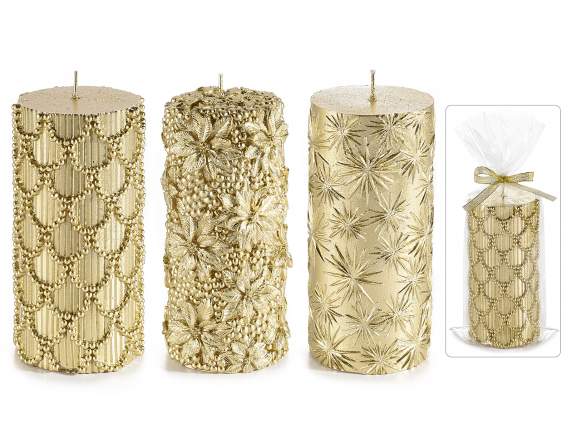 Large golden candle w-embossed decorations in single pack