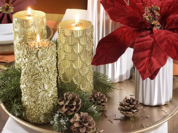 Large golden candle w-embossed decorations in single pack